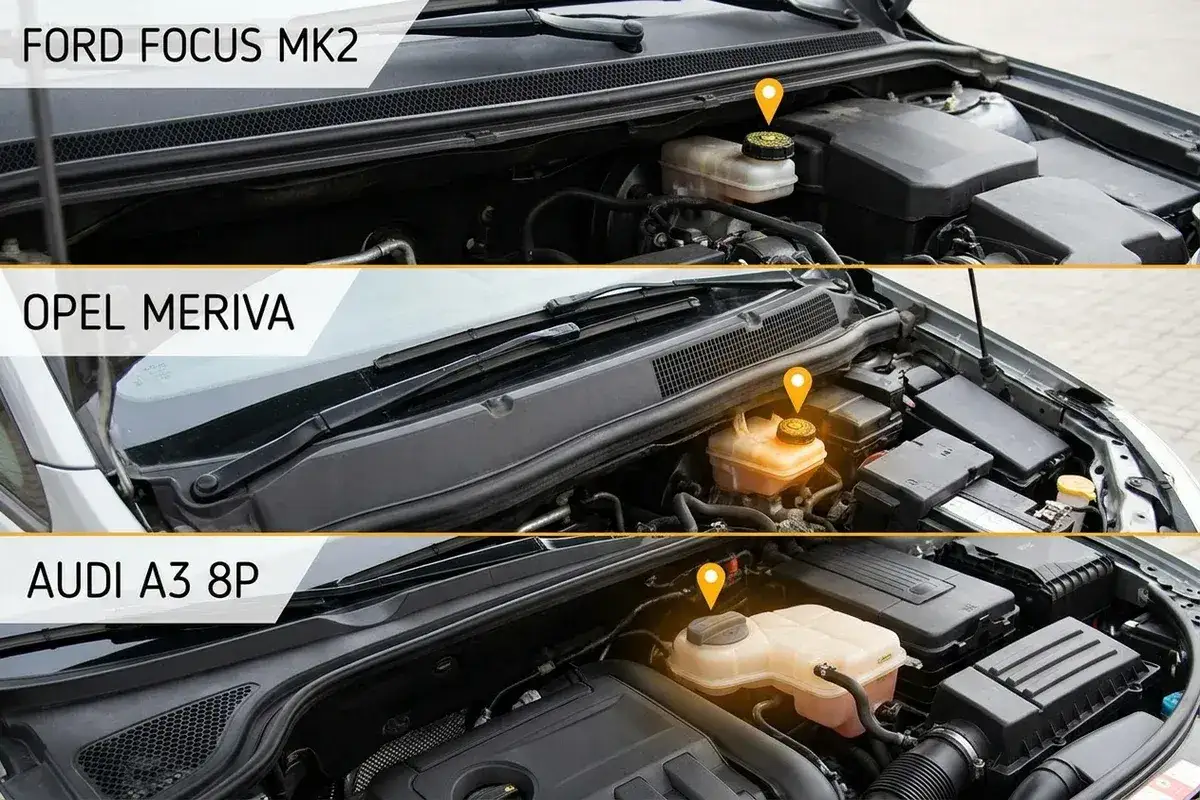 Ford Focus Mk2, Opel Meriva, Audi A3 8P - zobacz, gdzie wlać płyn hamulcowy w tych modelach aut.