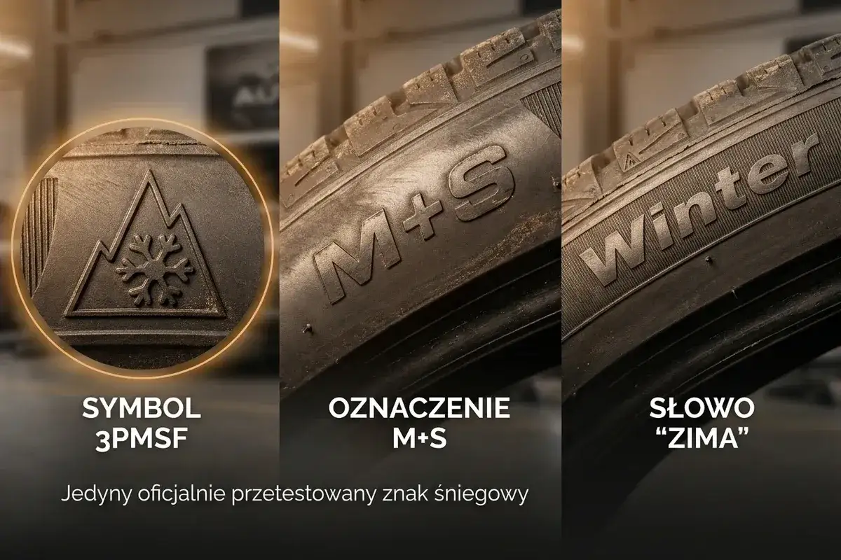Symbol 3PMSF na oponie, oznaczający gotowość na śnieg, obok oznaczeń M+S i 