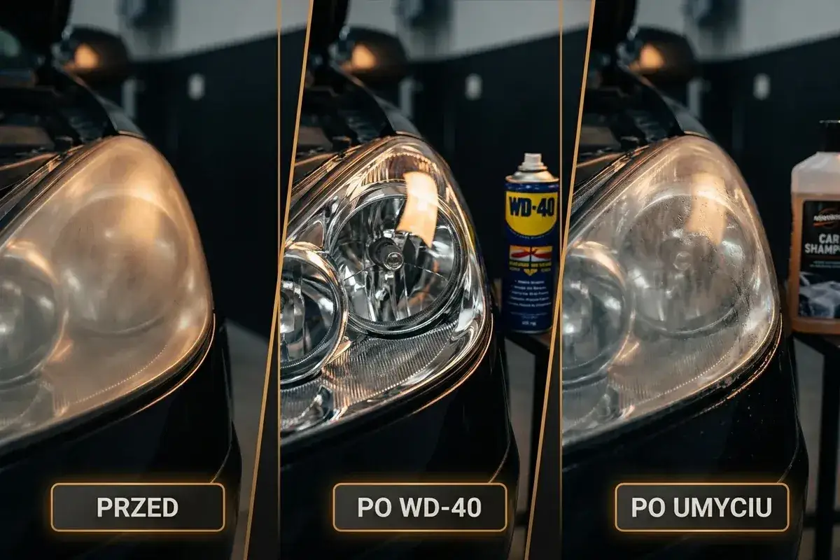 Por&oacute;wnanie lamp samochodowych: przed czyszczeniem, po użyciu WD-40 i po umyciu. WD-40 przywraca blask.