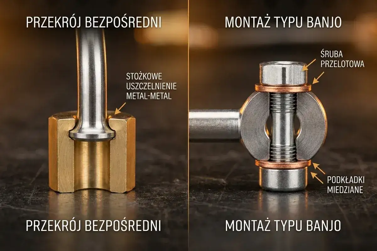Porównanie montażu przewodów hamulcowych: przekrój bezpośredni z uszczelnieniem metal-metal i montaż typu banjo ze śrubą przelotową i podkładkami miedzianymi.