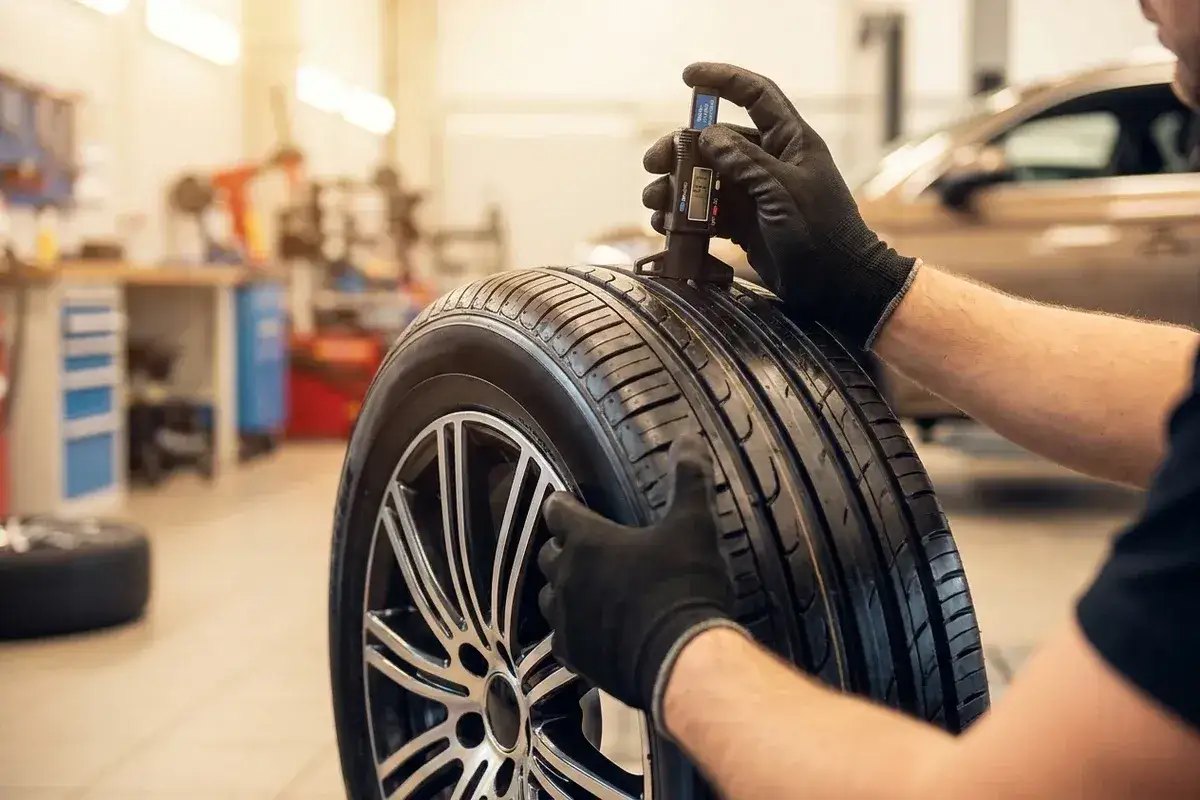 Mechanik sprawdza bieżnik nowej opony, by upewnić się, czy nowe opony muszą się ułożyć.