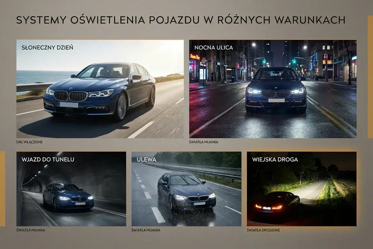 Por&oacute;wnanie świateł drogowych i mijania w r&oacute;żnych warunkach: dzień, noc, tunel, ulewa, wiejska droga.