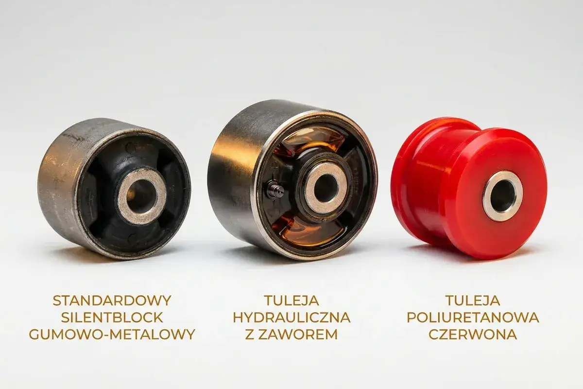 Trzy tuleje: gumowo-metalowa, hydrauliczna z zaworem i czerwona poliuretanowa. Różne rodzaje tulei do zawieszenia.