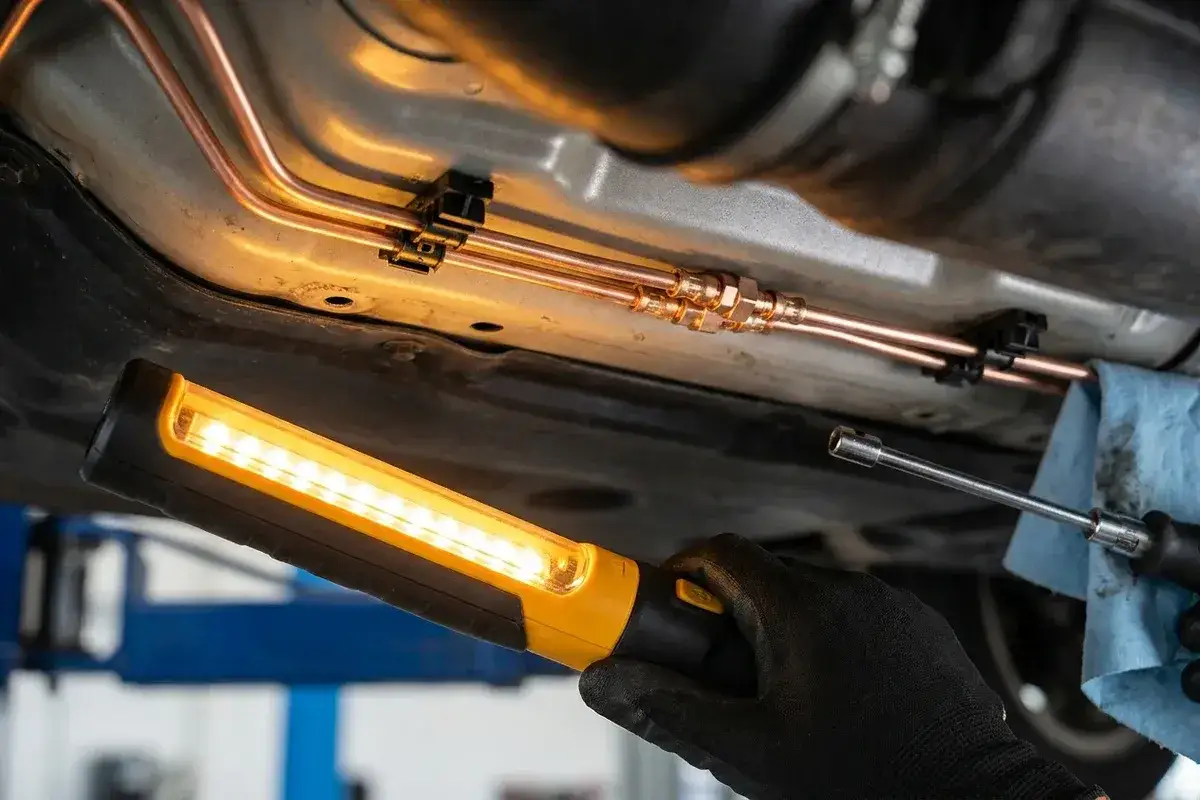 Mechanik oświetla latarką miedziane wężyki hamulcowe pod samochodem, przygotowując się do naprawy.