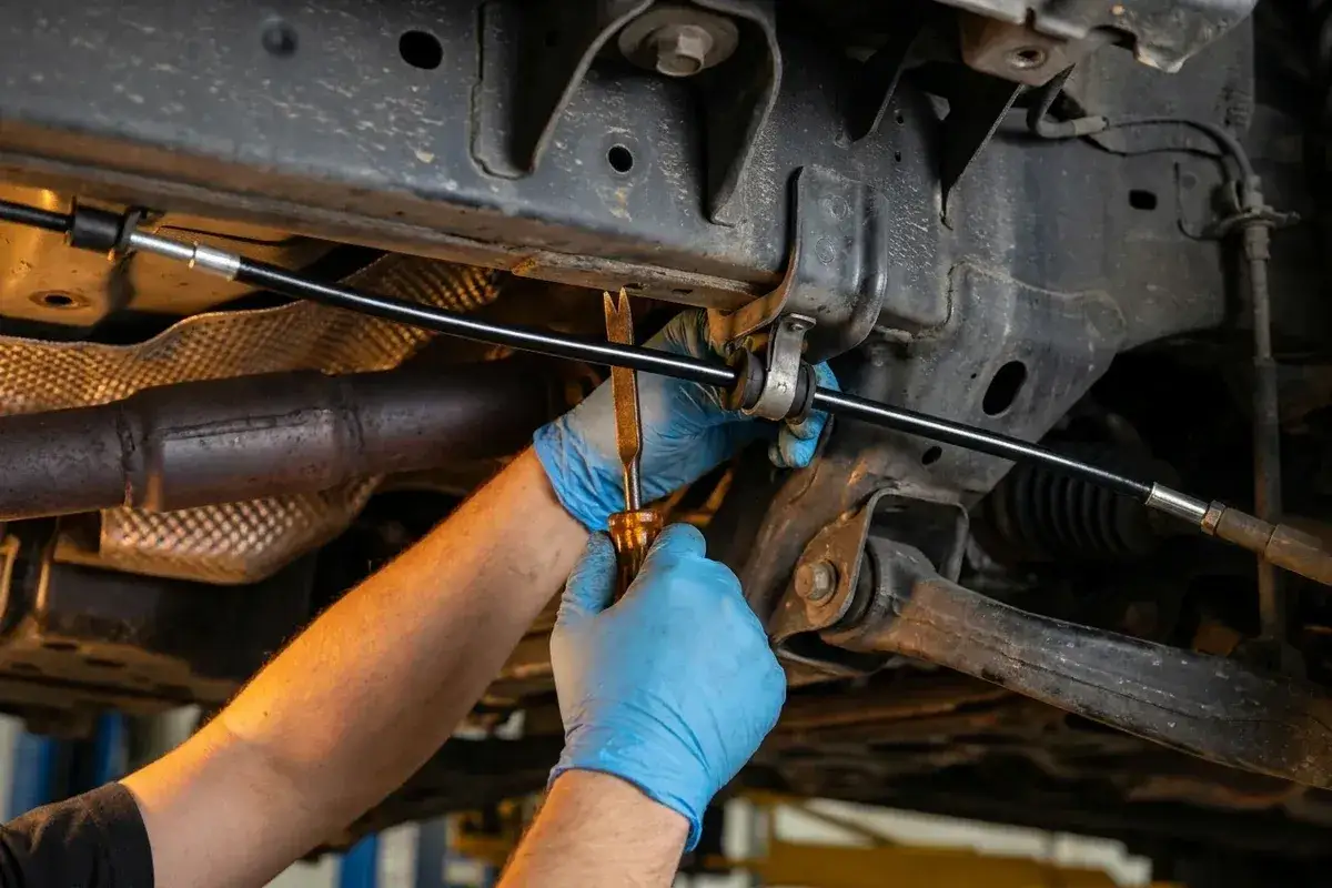 Mechanik w niebieskich rękawiczkach reguluje linkę hamulca ręcznego, pokazując, jak działa ten ważny element bezpieczeństwa pojazdu.